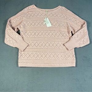EVALESS women’s Pink crochet boat neck long sleeve loose fit Sweater, size 2XL